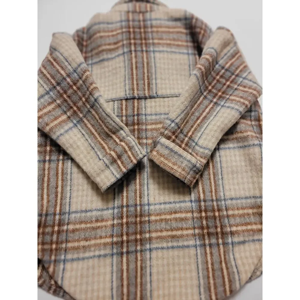 Lola Kids Plaid Shacket Jacket Size S Beige Blue Brown Wool Blend Button Front